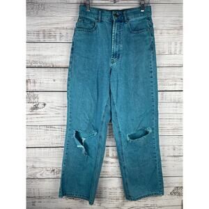BDG Blue High Rise Wide Leg Jeans Stretch Distress Baggy Relaxed 27 Normcore Y2K